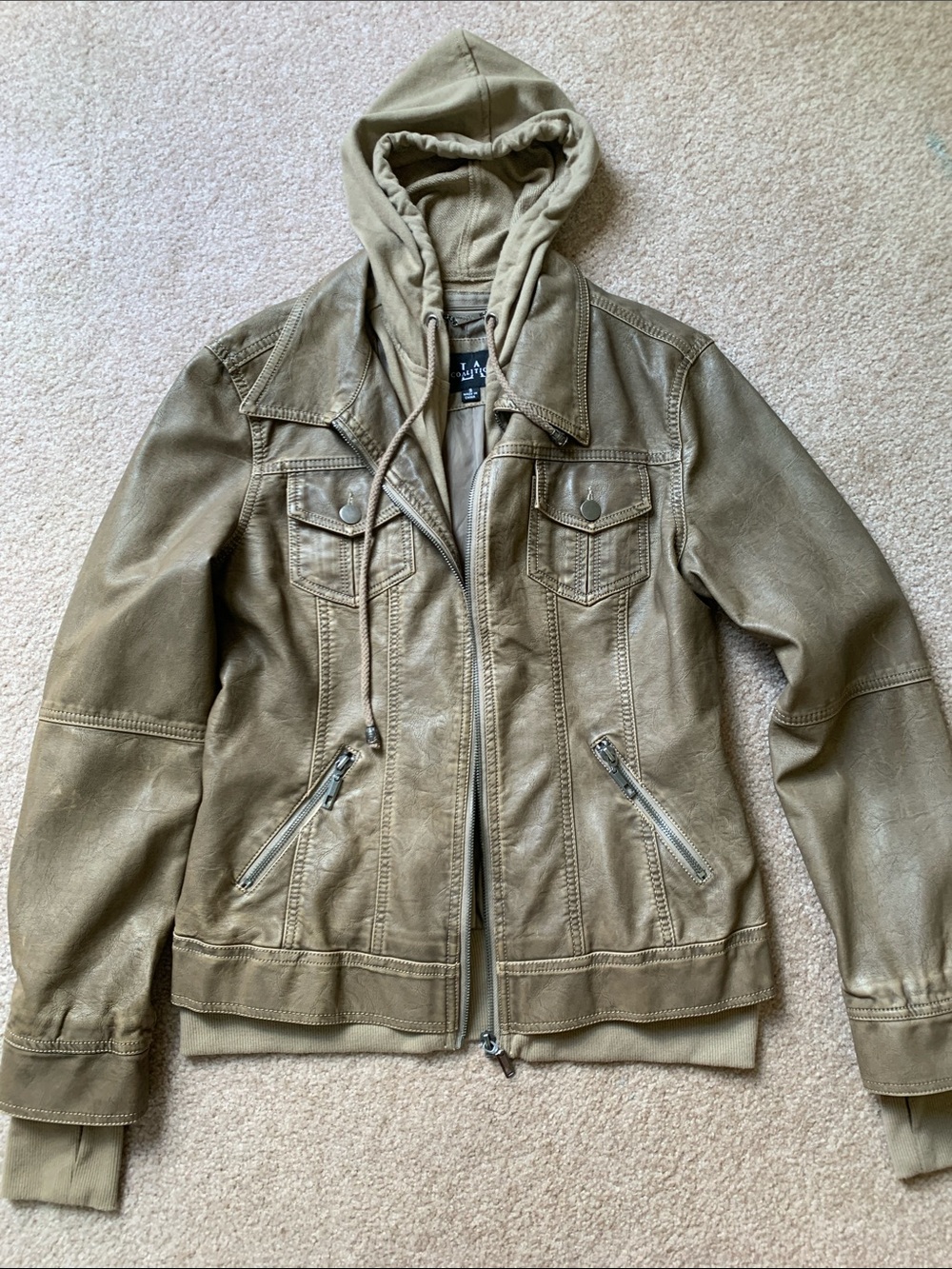 Faux Leather Hooded Jacket in an Olive Brown